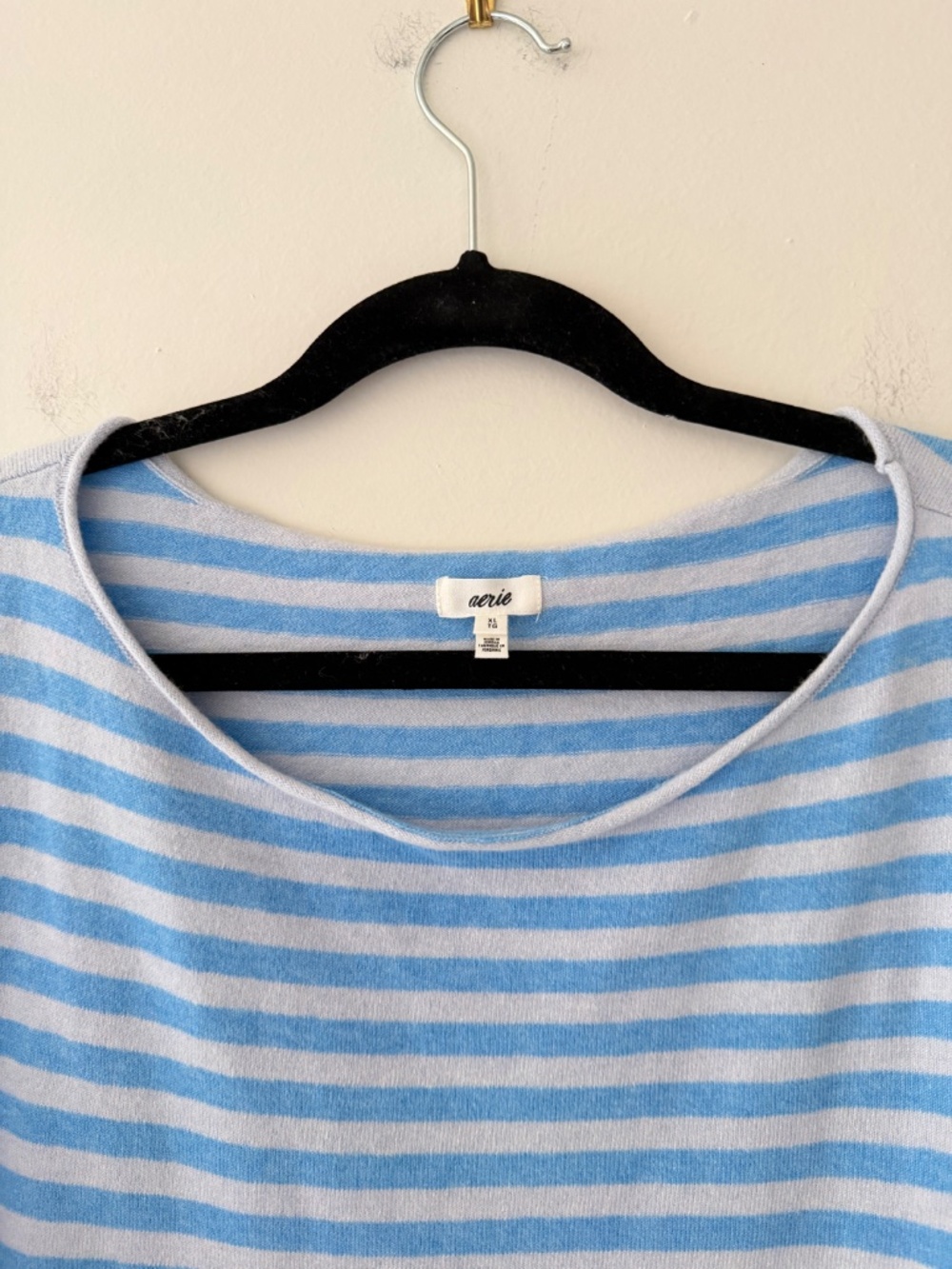 Aerie Sunday Soft Boatneck Sweater Light Blue Stripe Rolled hem Soft Cozy Lounge - Picture 4 of 11